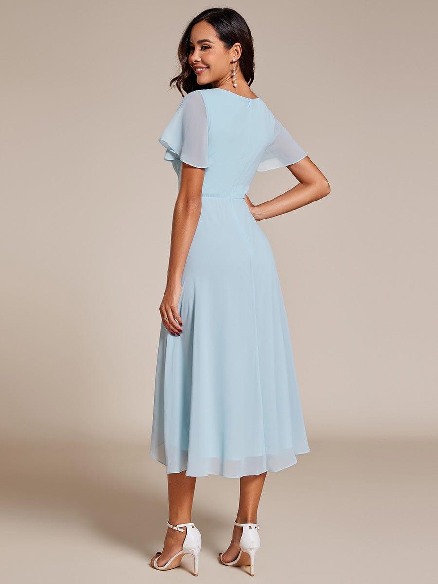 Ruffles Sleeve Pleated V-Neck A-Line Midi Chiffon Wedding Guest Dress #color_Sky Blue