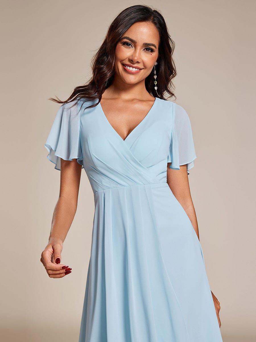 Ruffles Sleeve Pleated V-Neck A-Line Midi Chiffon Wedding Guest Dress #color_Sky Blue