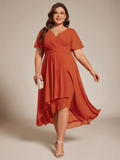 Plus Size Chiffon Short Sleeves Pleated V-Neck A-Line Midi Wedding Guest Dress  #color_Burnt Orange