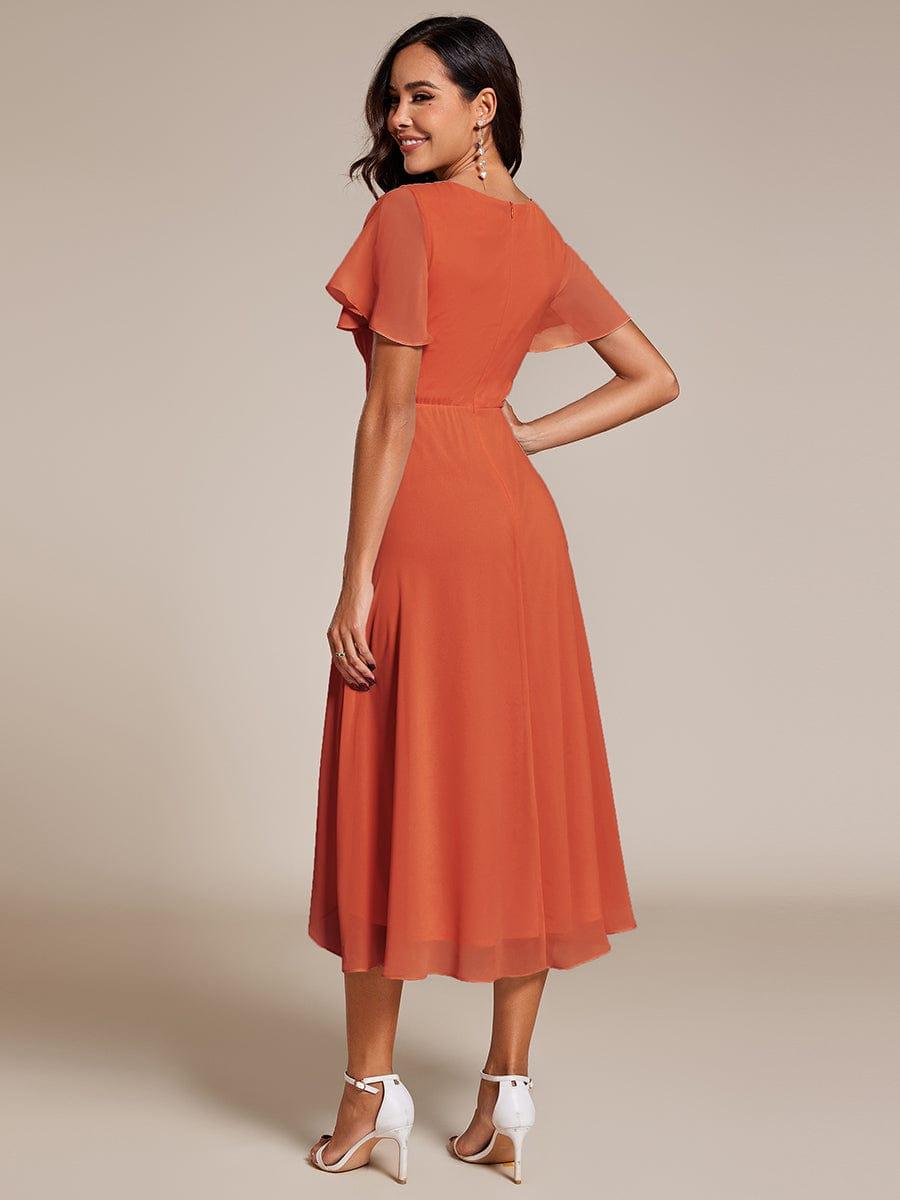 Ruffles Sleeve Pleated V-Neck A-Line Midi Chiffon Wedding Guest Dress #color_Burnt Orange
