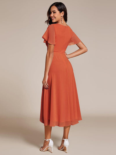 Ruffles Sleeve Pleated V-Neck A-Line Midi Chiffon Wedding Guest Dress #color_Burnt Orange
