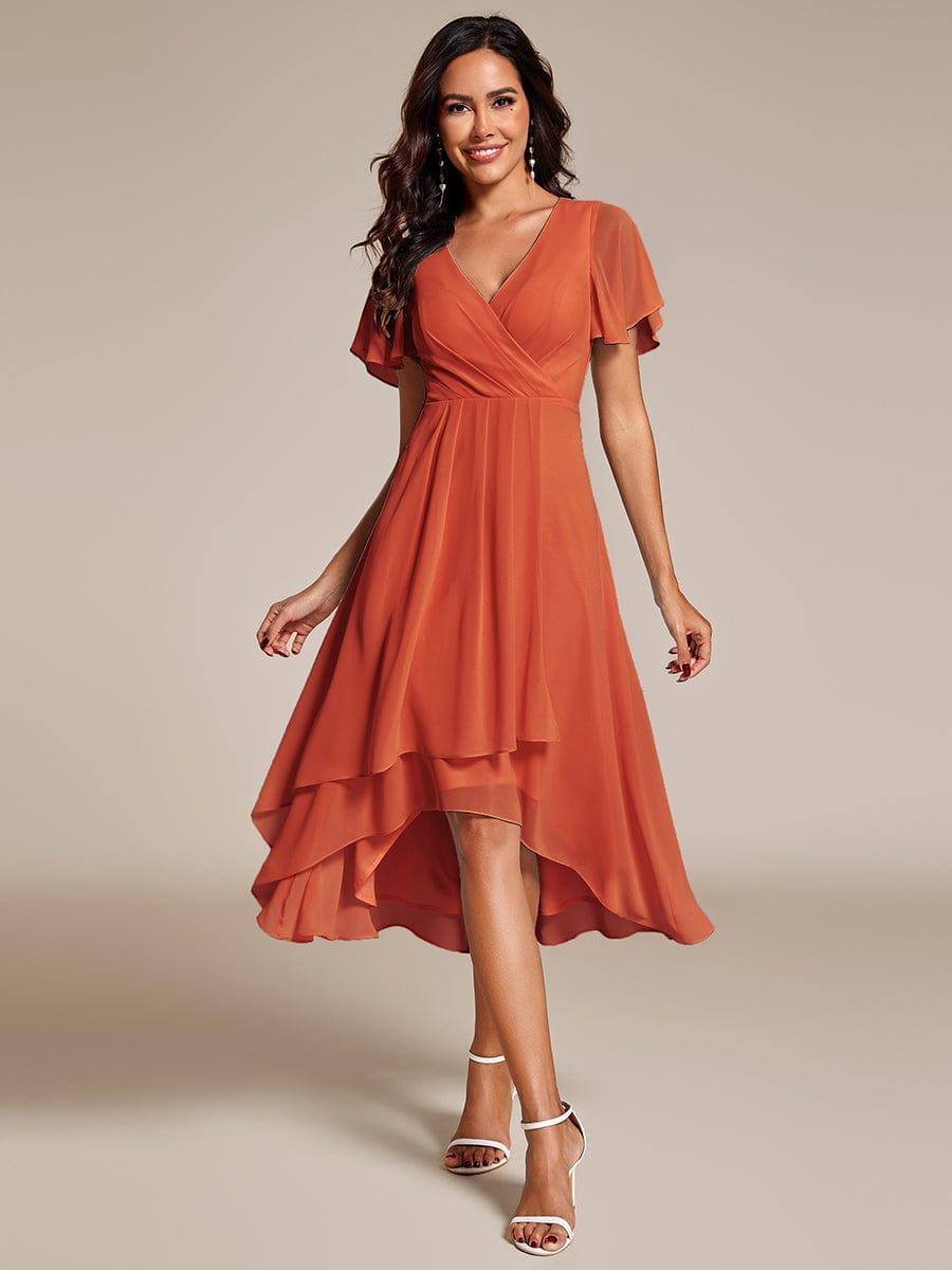 Ruffles Sleeve Pleated V-Neck A-Line Midi Chiffon Wedding Guest Dress #color_Burnt Orange