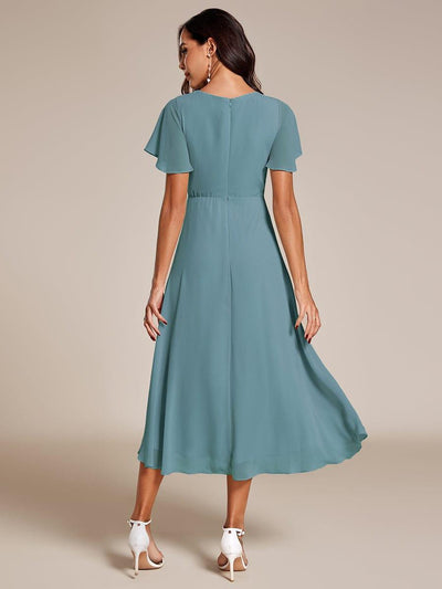 Ruffles Sleeve Pleated V-Neck A-Line Midi Chiffon Wedding Guest Dress #color_Light Teal