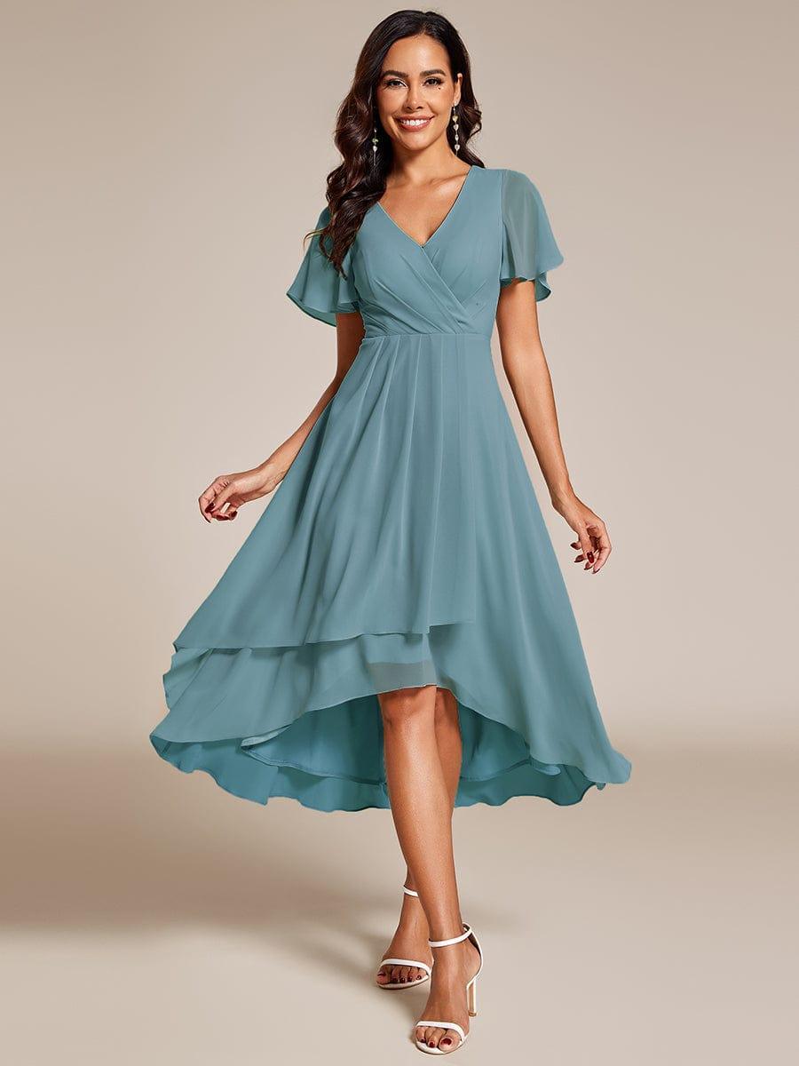 Ruffles Sleeve Pleated V-Neck A-Line Midi Chiffon Wedding Guest Dress #color_Light Teal