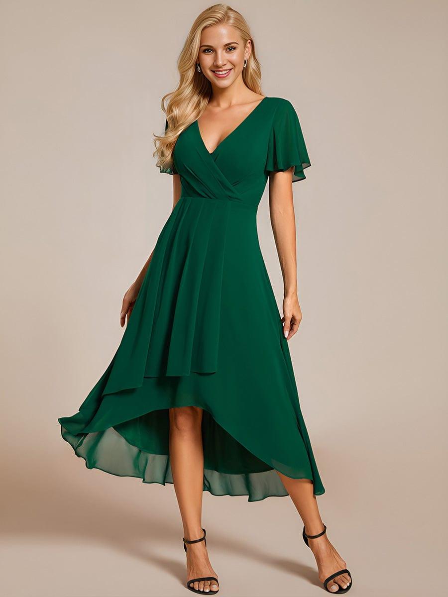 Ruffles Sleeve Pleated V-Neck A-Line Midi Chiffon Wedding Guest Dress #color_Dark Green
