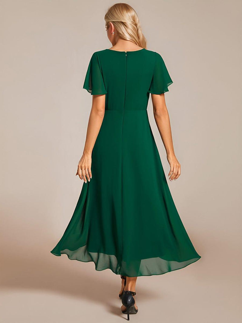 Elegant Pleated Chiffon Midi Semi Formal Dress with Ruffled Sleeves