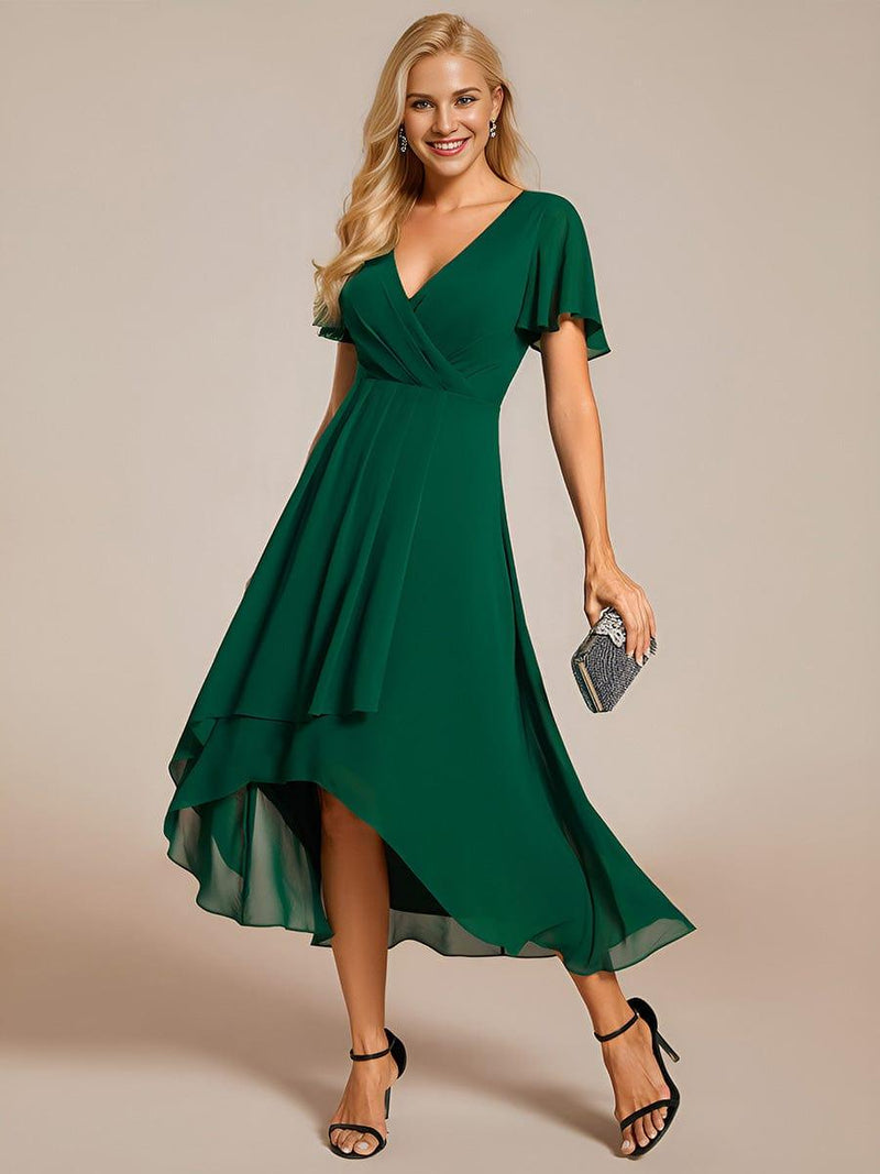Empire Waist Ruffles Sleeve V-Neck Midi Chiffon Wedding Guest Dress