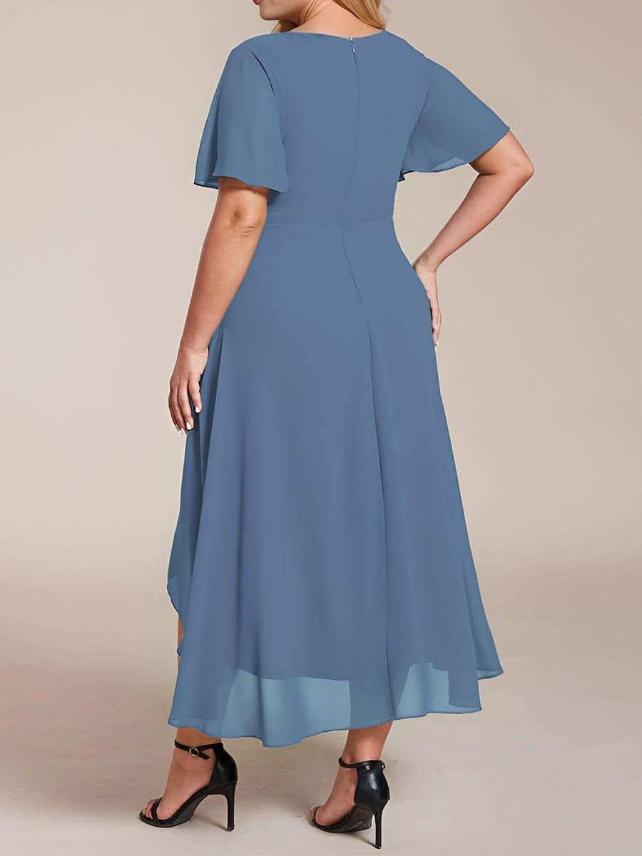 Ruffles Sleeve Pleated V-Neck A-Line Midi Chiffon Wedding Guest Dress #color_Dusty Blue
