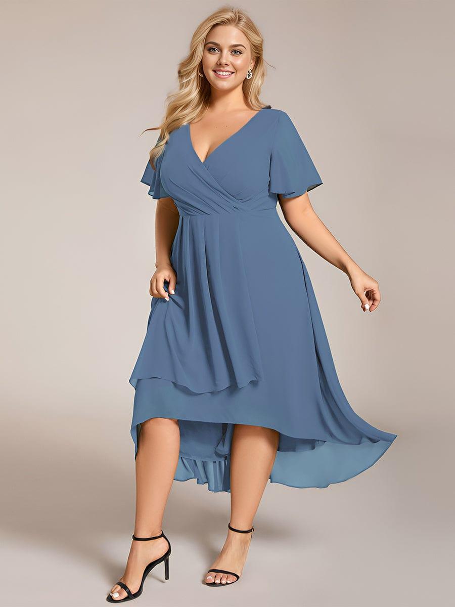 Ruffles Sleeve Pleated V-Neck A-Line Midi Chiffon Wedding Guest Dress #color_Dusty Blue