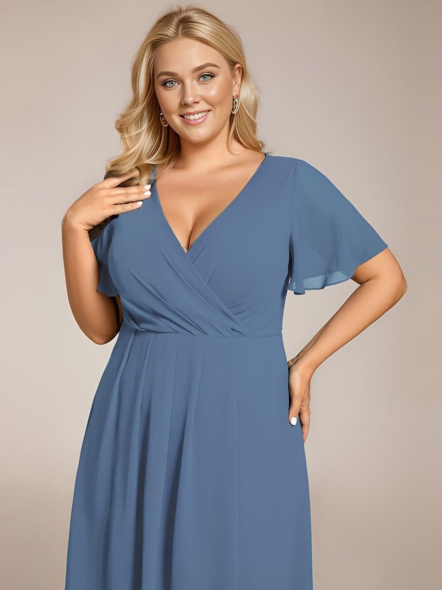 Ruffles Sleeve Pleated V-Neck A-Line Midi Chiffon Wedding Guest Dress #color_Dusty Blue