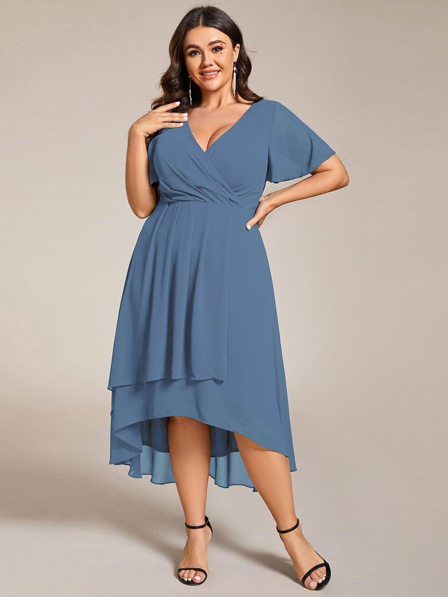 Plus Size Chiffon Short Sleeves Pleated V-Neck A-Line Midi Wedding Guest Dress #color_Dusty Blue