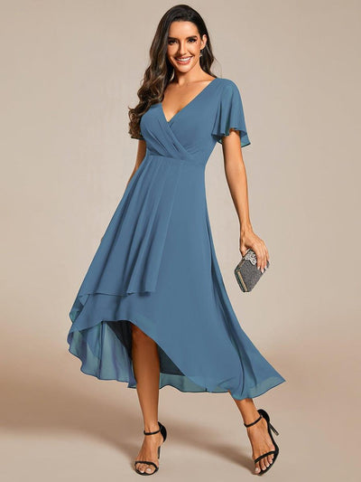 Ruffles Sleeve Pleated V-Neck A-Line Midi Chiffon Wedding Guest Dress #color_Dusty Blue