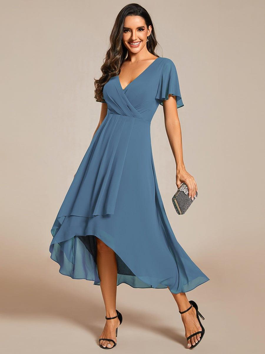 Ruffles Sleeve Pleated V-Neck A-Line Midi Chiffon Wedding Guest Dress #color_Dusty Blue