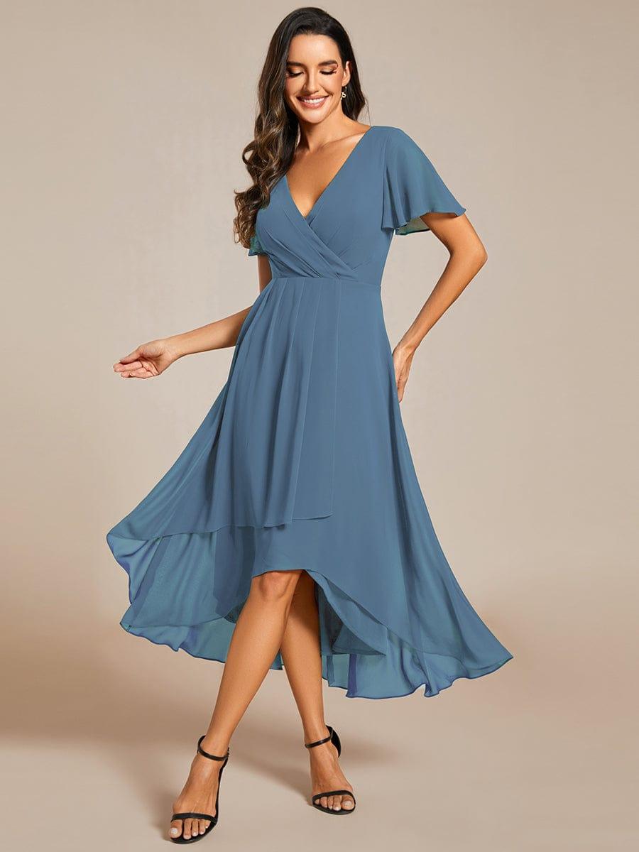 Ruffles Sleeve Pleated V-Neck A-Line Midi Chiffon Wedding Guest Dress #color_Dusty Blue