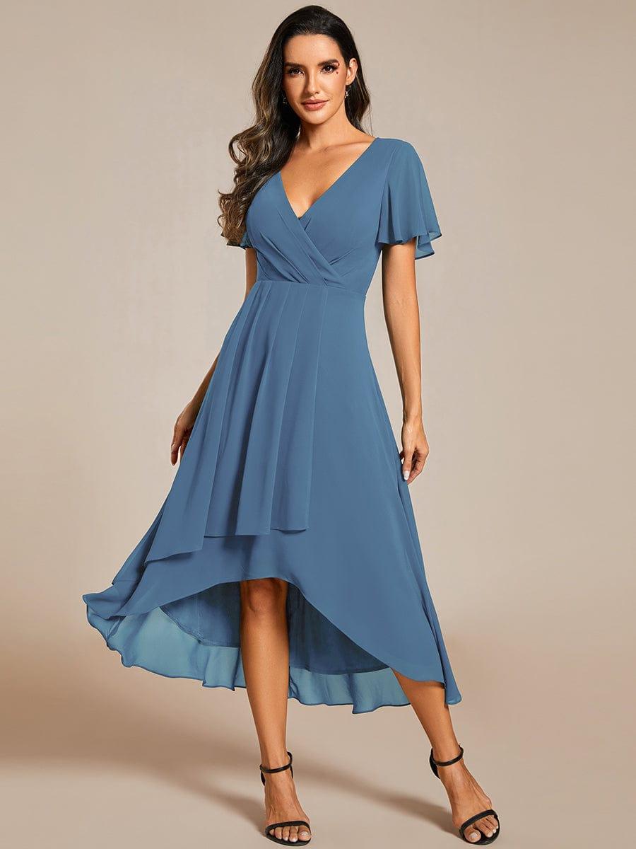 Ruffles Sleeve Pleated V-Neck A-Line Midi Chiffon Wedding Guest Dress #color_Dusty Blue