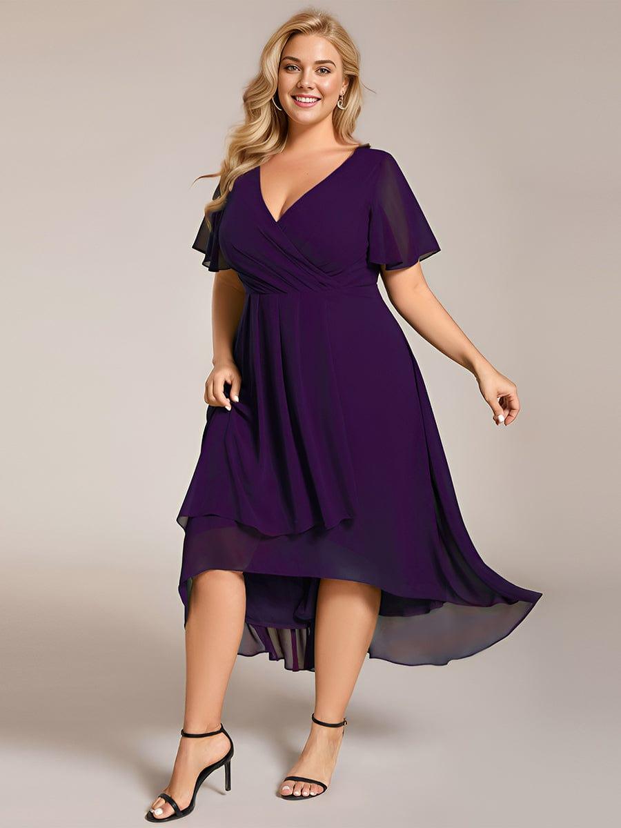 Ruffles Sleeve Pleated V-Neck A-Line Midi Chiffon Wedding Guest Dress #color_Dark Purple