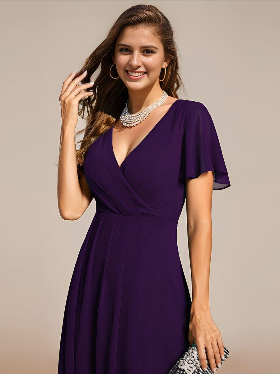 Ruffles Sleeve Pleated V-Neck A-Line Midi Chiffon Wedding Guest Dress #color_Dark Purple