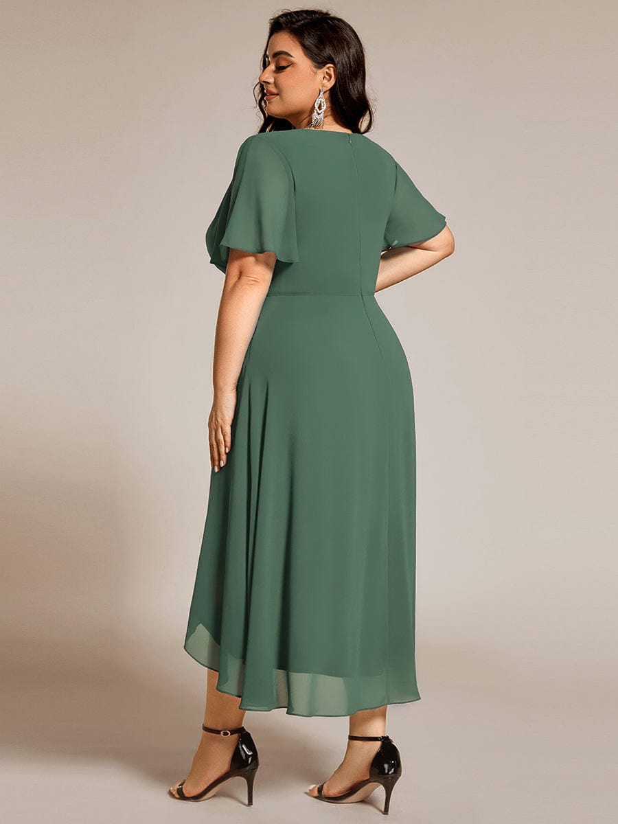 Pleated Chiffon Ruffles Sleeve Midi Bridesmaid Dress #color_Eucalyptus