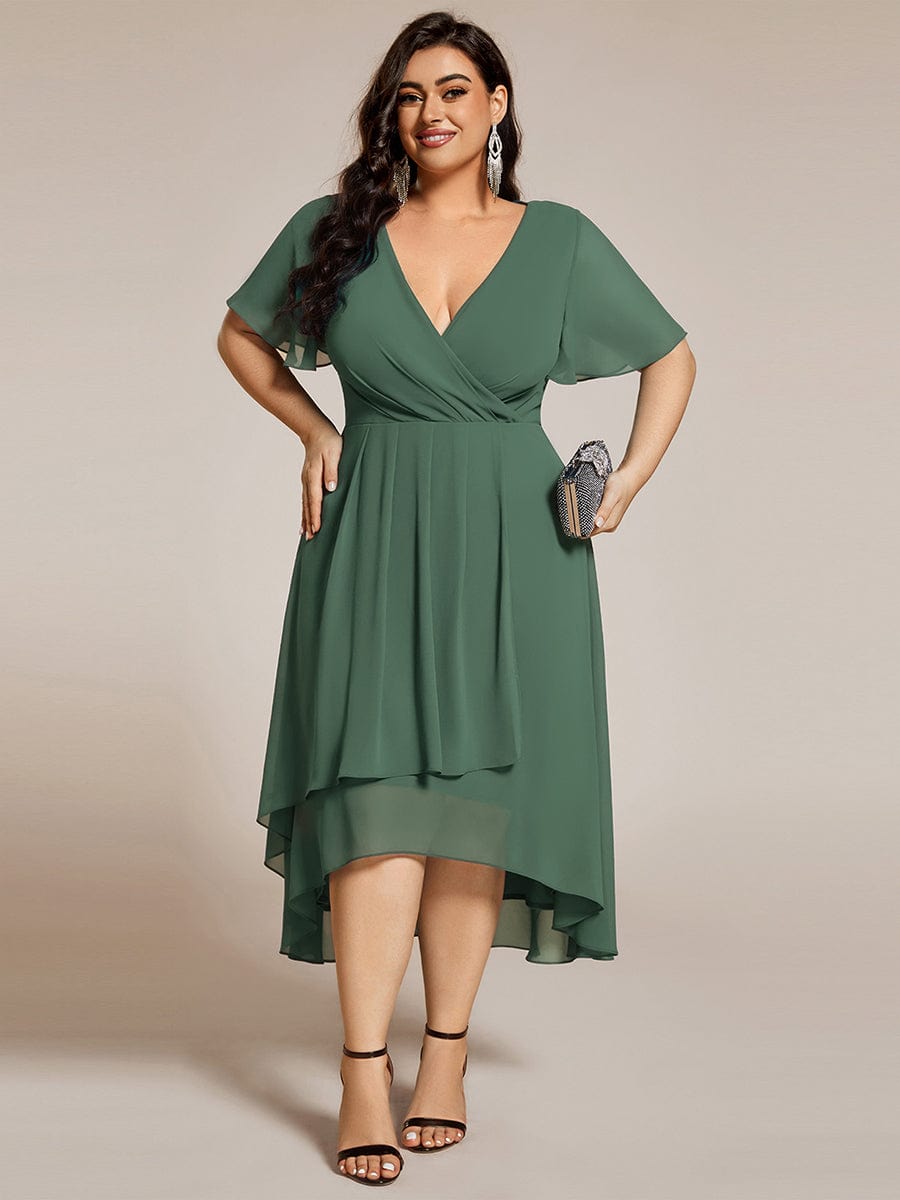 Pleated Chiffon Ruffles Sleeve Midi Bridesmaid Dress #color_Eucalyptus
