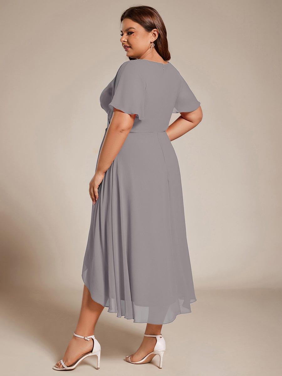 Ruffles Sleeve Pleated V-Neck A-Line Midi Chiffon Wedding Guest Dress #color_Grey