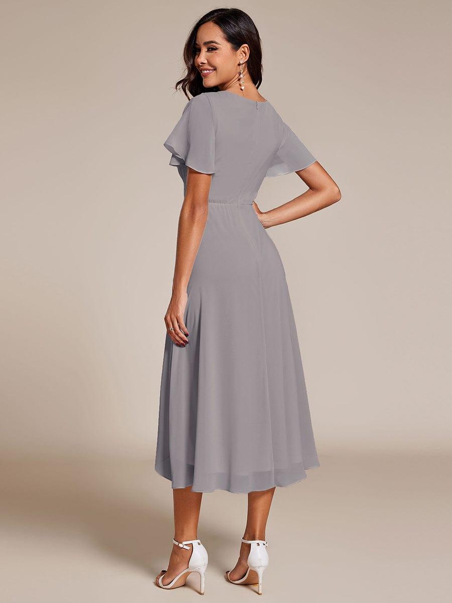 Ruffles Sleeve Pleated V-Neck A-Line Midi Chiffon Wedding Guest Dress #color_Grey