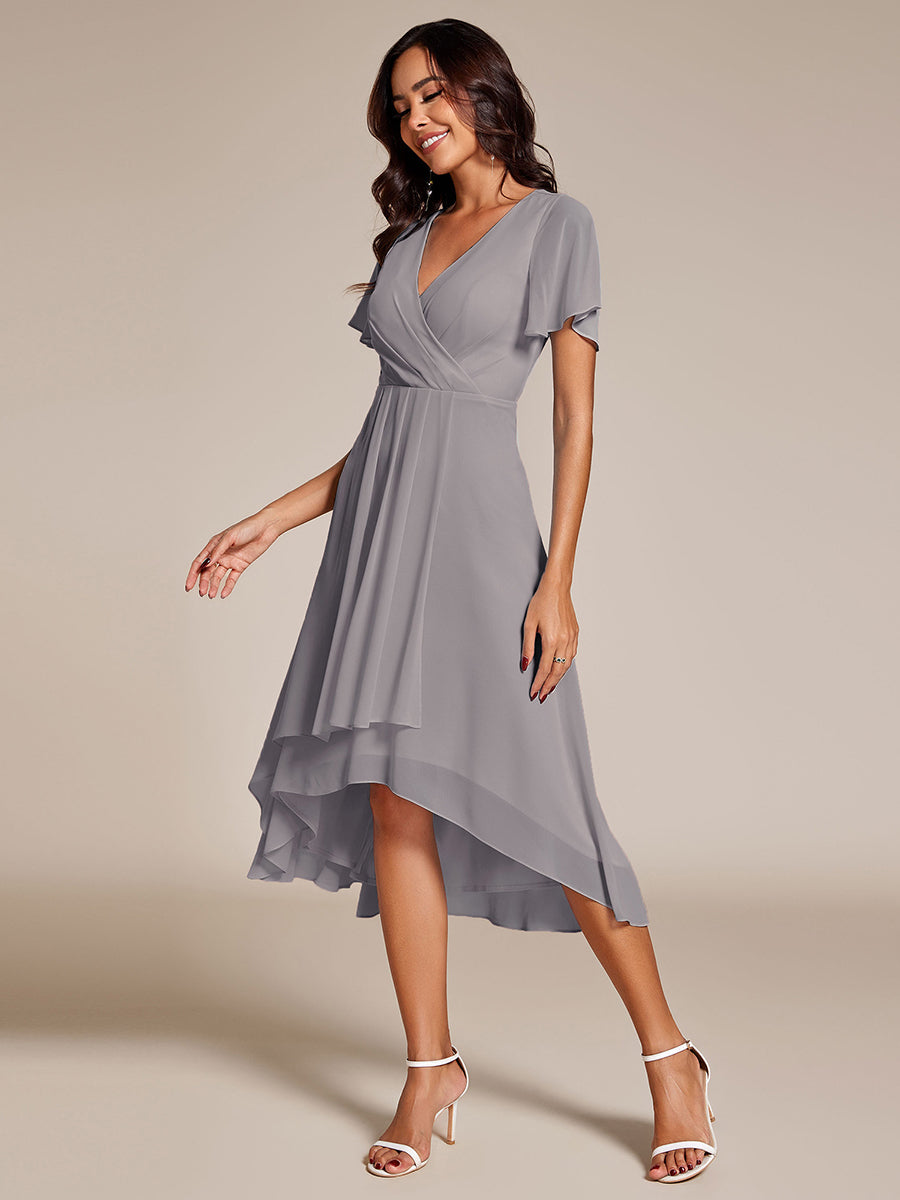Flowy Ruffles Sleeve V-Neck A-Line Midi Chiffon Wedding Guest Dress #color_Grey