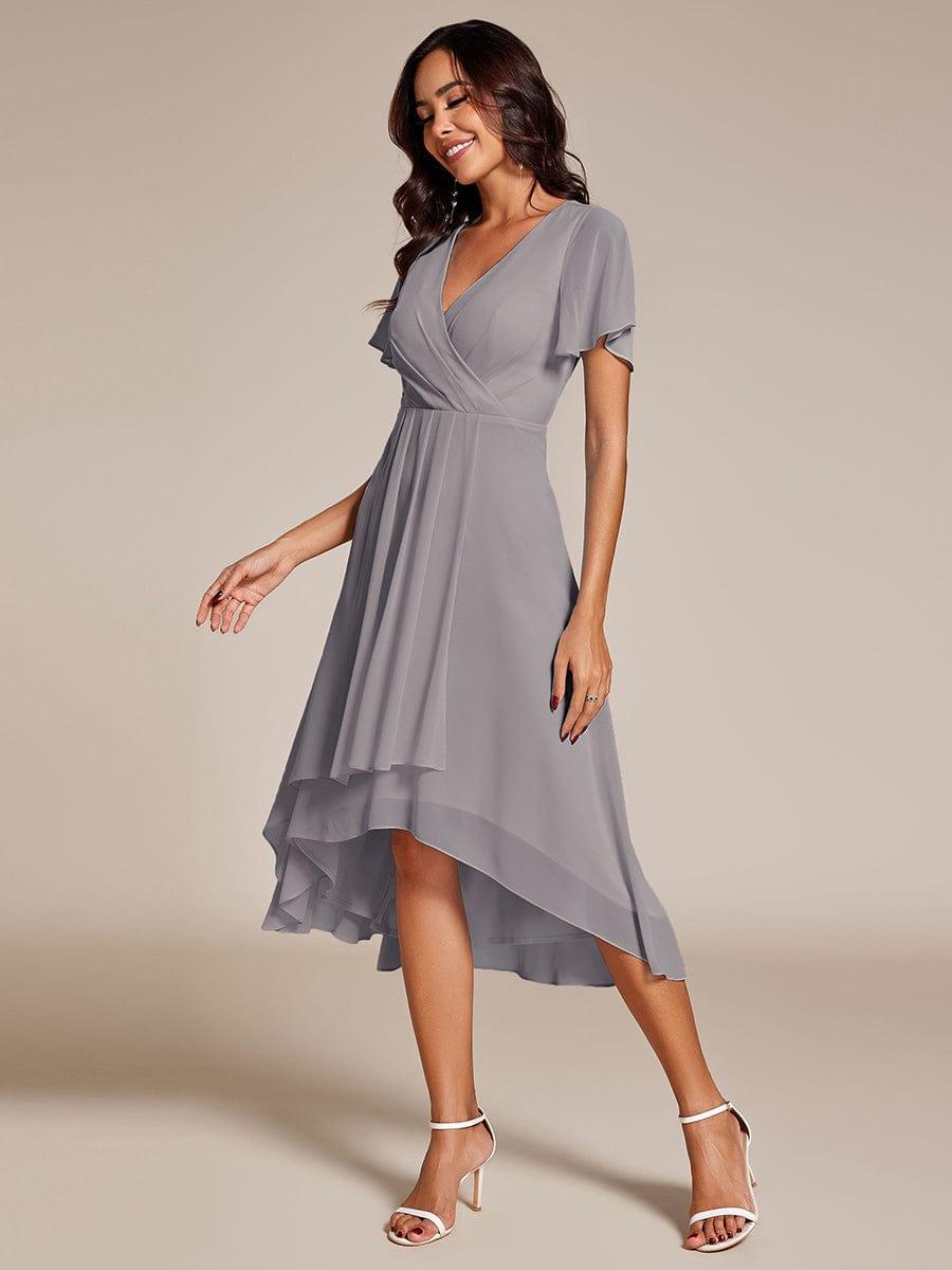 Ruffles Sleeve Pleated V-Neck A-Line Midi Chiffon Wedding Guest Dress #color_Grey