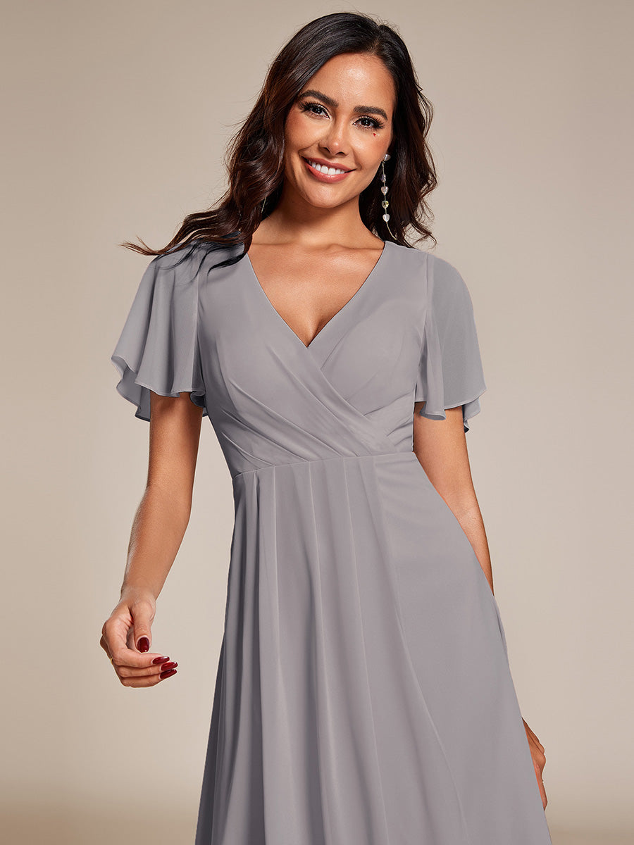 Flowy Ruffles Sleeve V-Neck A-Line Midi Chiffon Wedding Guest Dress #color_Grey