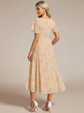 Custom Size Ruffles Sleeve Pleated V-Neck A-Line Midi Chiffon Wedding Guest Dress