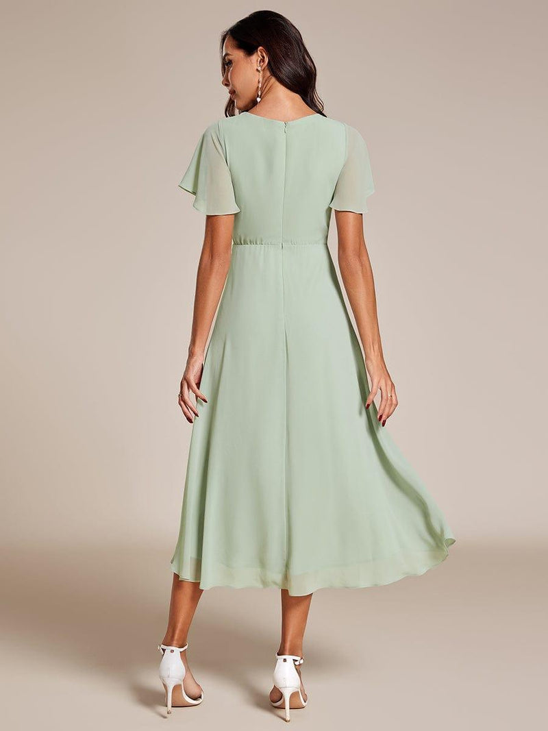 Elegant Pleated Chiffon Midi Semi Formal Dress with Ruffled Sleeves