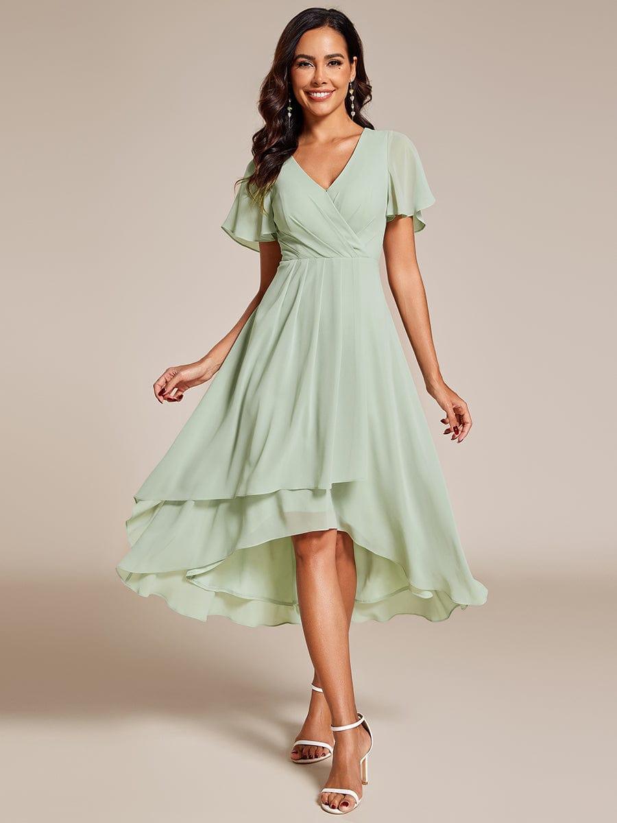 Ruffles Sleeve Pleated V-Neck A-Line Midi Chiffon Wedding Guest Dress #color_Mint Green