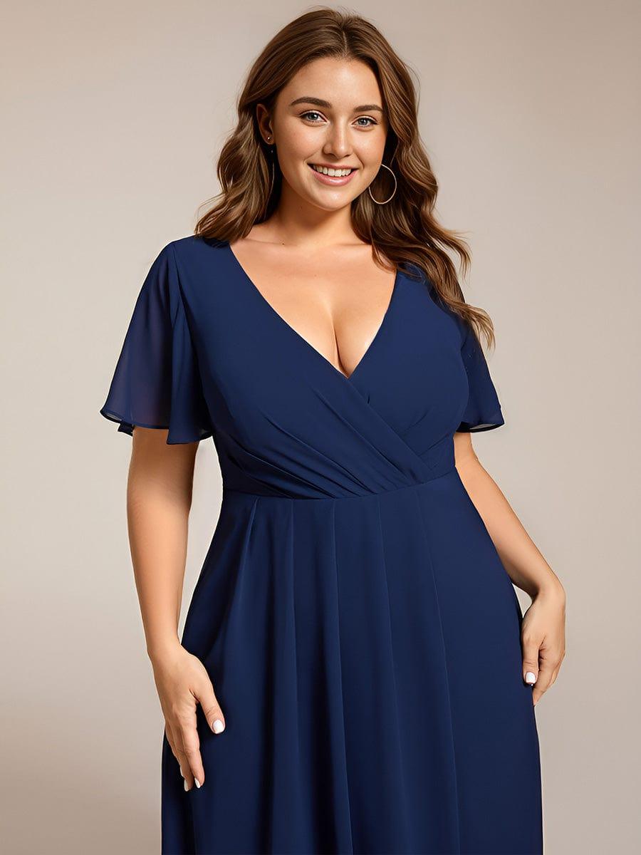 Ruffles Sleeve Pleated V-Neck A-Line Midi Chiffon Wedding Guest Dress #color_Navy Blue