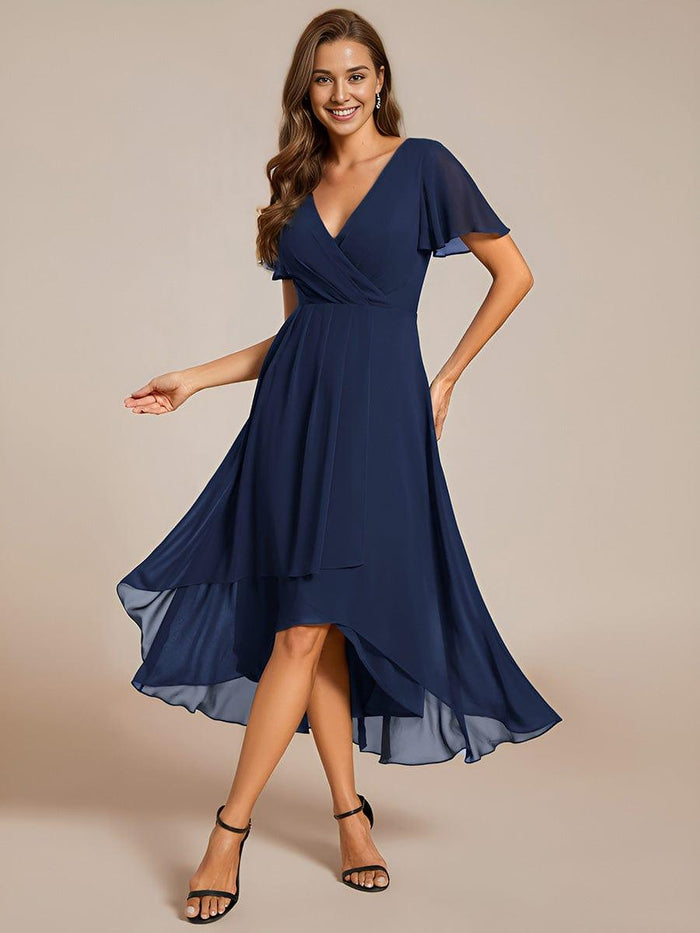Empire Waist Ruffles Sleeve V-Neck Midi Chiffon Wedding Guest Dress