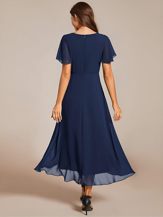 Classy Halter V Neck Yellow Chiffon Ruffle Long Wedding Guest Dress Evening Gown SP1055