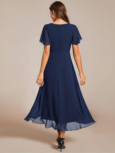 Pleated Chiffon Ruffles Sleeve Midi Bridesmaid Dress #color_Navy Blue