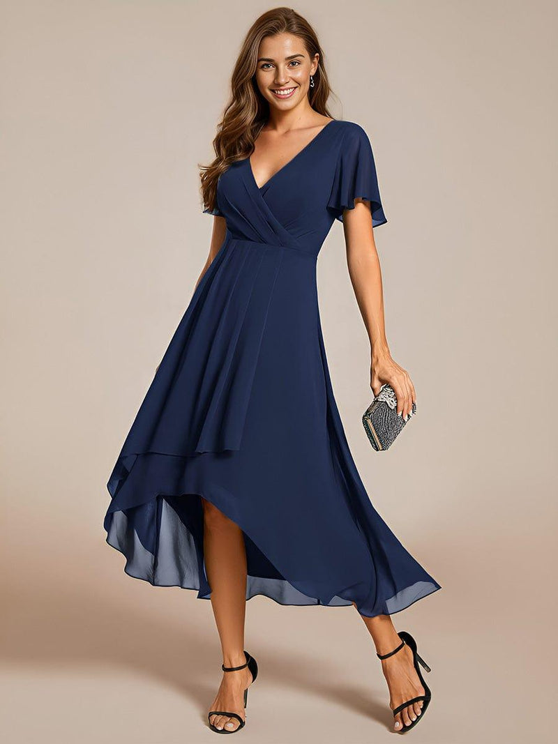 Empire Waist Ruffles Sleeve V-Neck Midi Chiffon Wedding Guest Dress