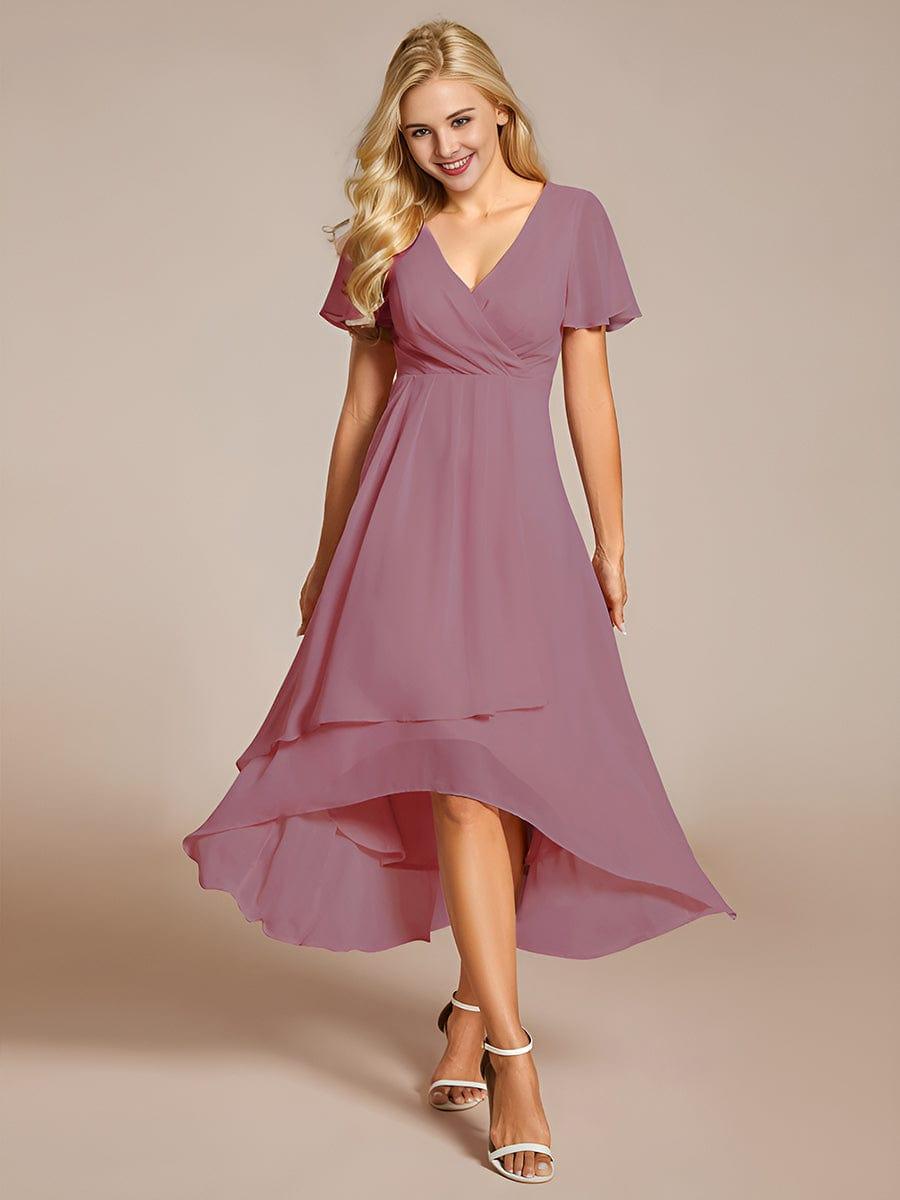 Ruffles Sleeve Pleated V-Neck A-Line Midi Chiffon Wedding Guest Dress #color_Purple Orchid