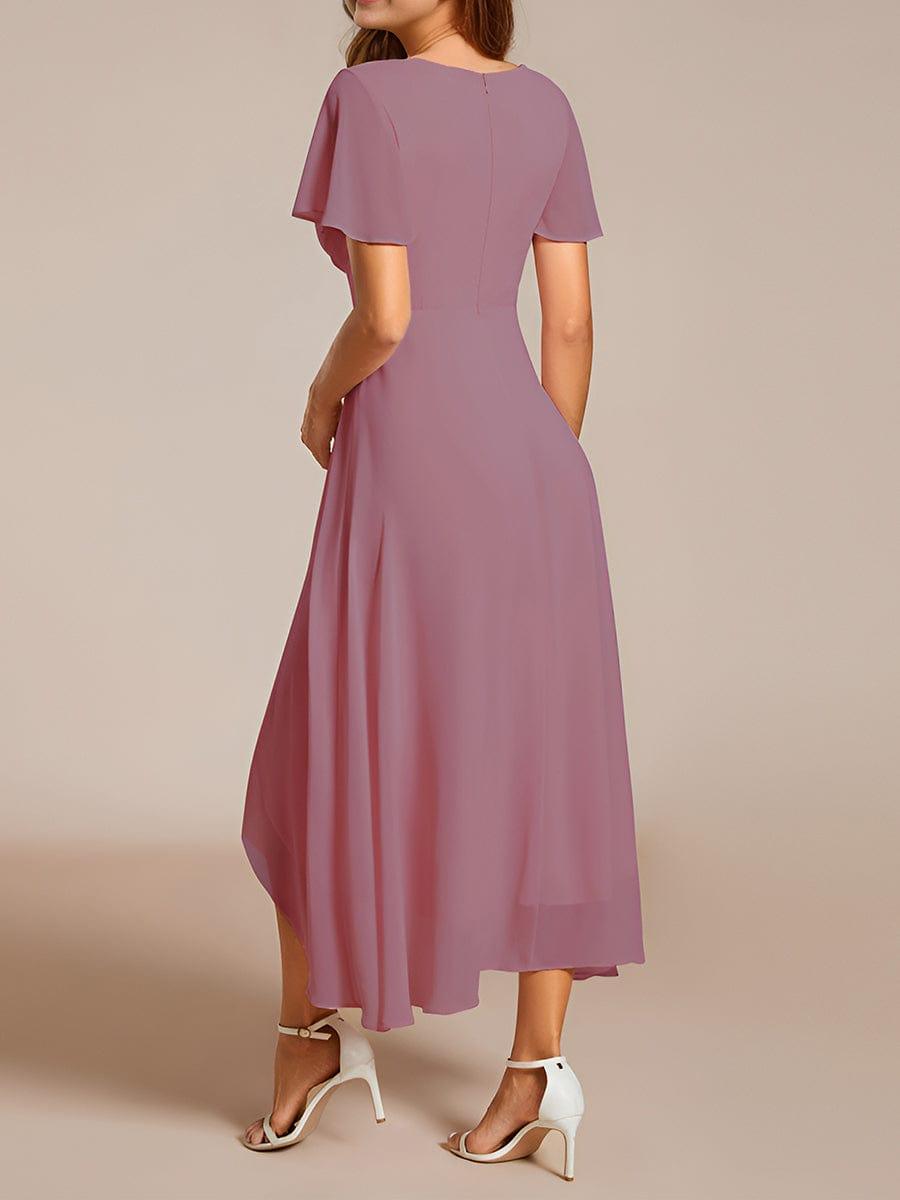 Ruffles Sleeve Pleated V-Neck A-Line Midi Chiffon Wedding Guest Dress #color_Purple Orchid