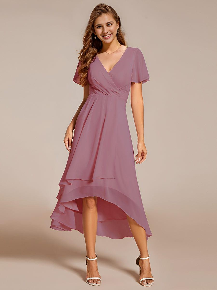Ruffles Sleeve Pleated V-Neck A-Line Midi Chiffon Wedding Guest Dress #color_Purple Orchid