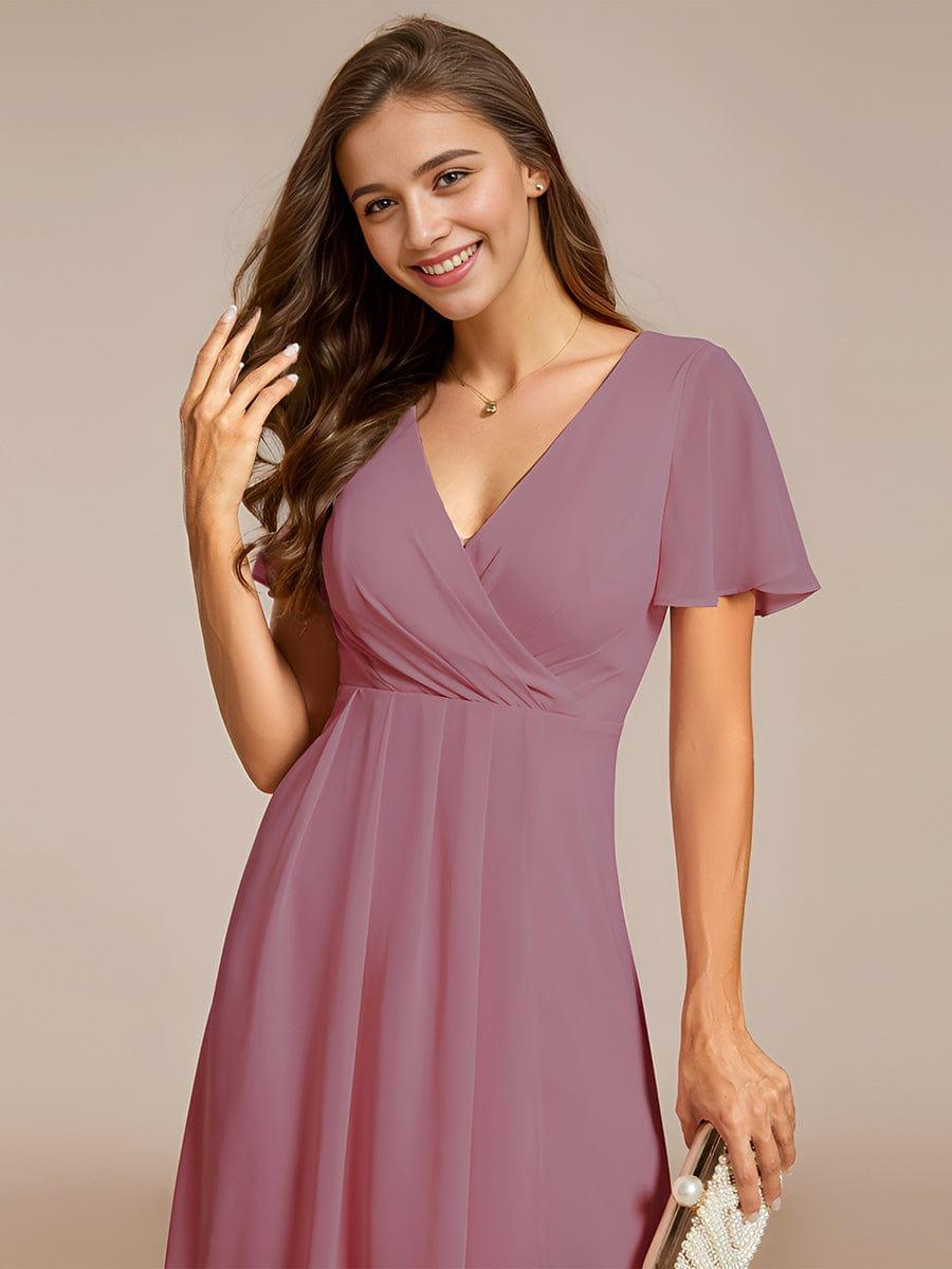 Ruffles Sleeve Pleated V-Neck A-Line Midi Chiffon Wedding Guest Dress #color_Purple Orchid
