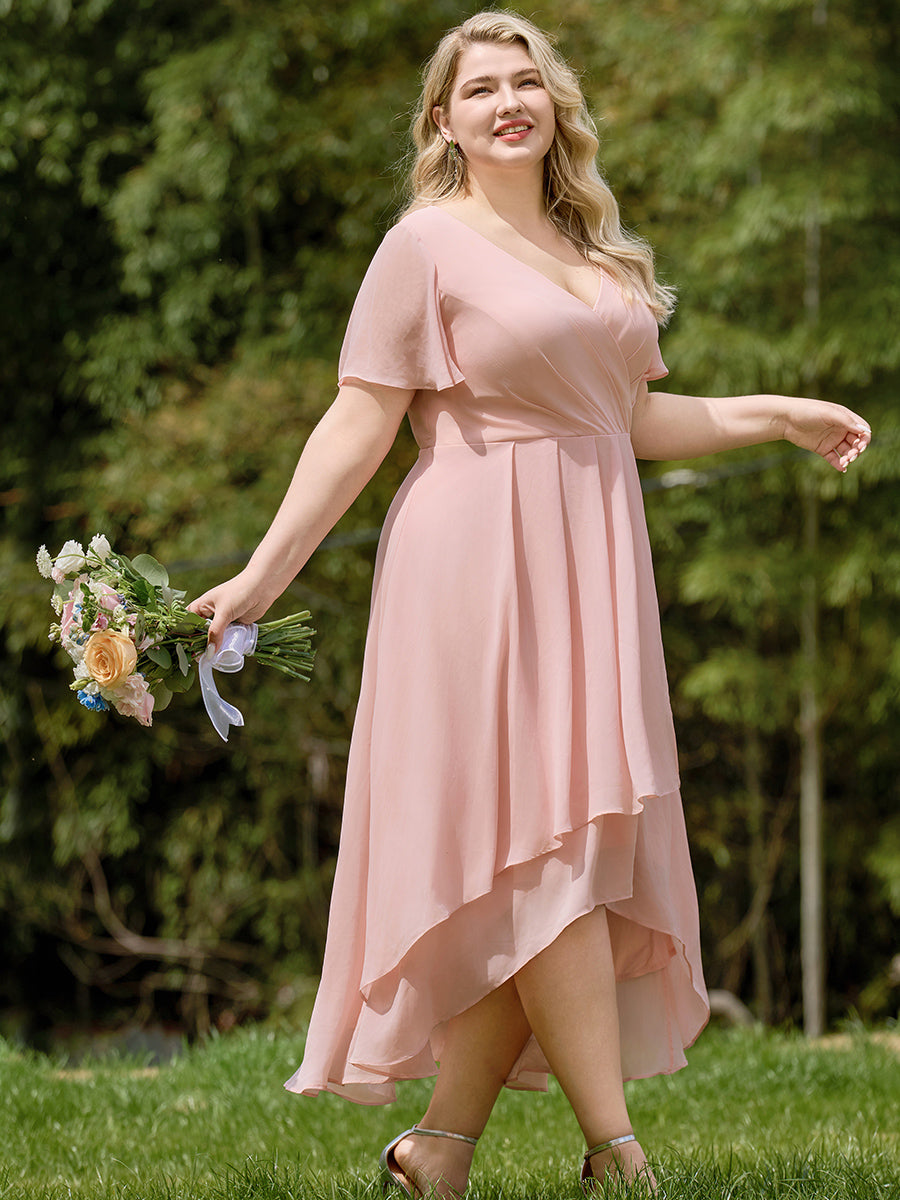 Pleated Chiffon Ruffles Sleeve Midi Bridesmaid Dress #color_Pink
