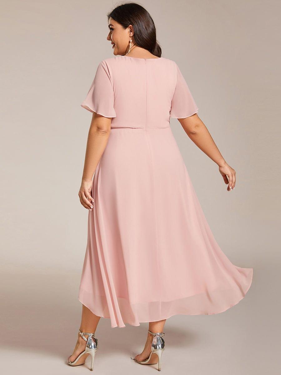 Ruffles Sleeve Pleated V-Neck A-Line Midi Chiffon Wedding Guest Dress #color_Pink