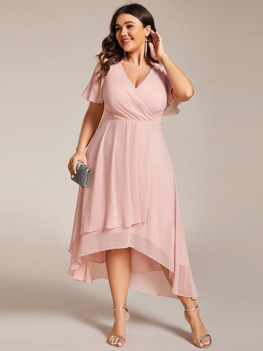 Ruffles Sleeve Pleated V-Neck A-Line Midi Chiffon Wedding Guest Dress #color_Pink