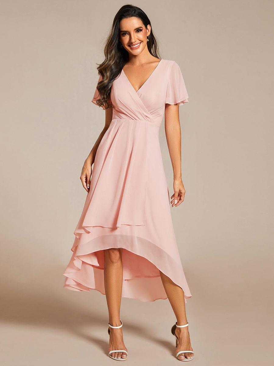 Ruffles Sleeve Pleated V-Neck A-Line Midi Chiffon Wedding Guest Dress #color_Pink