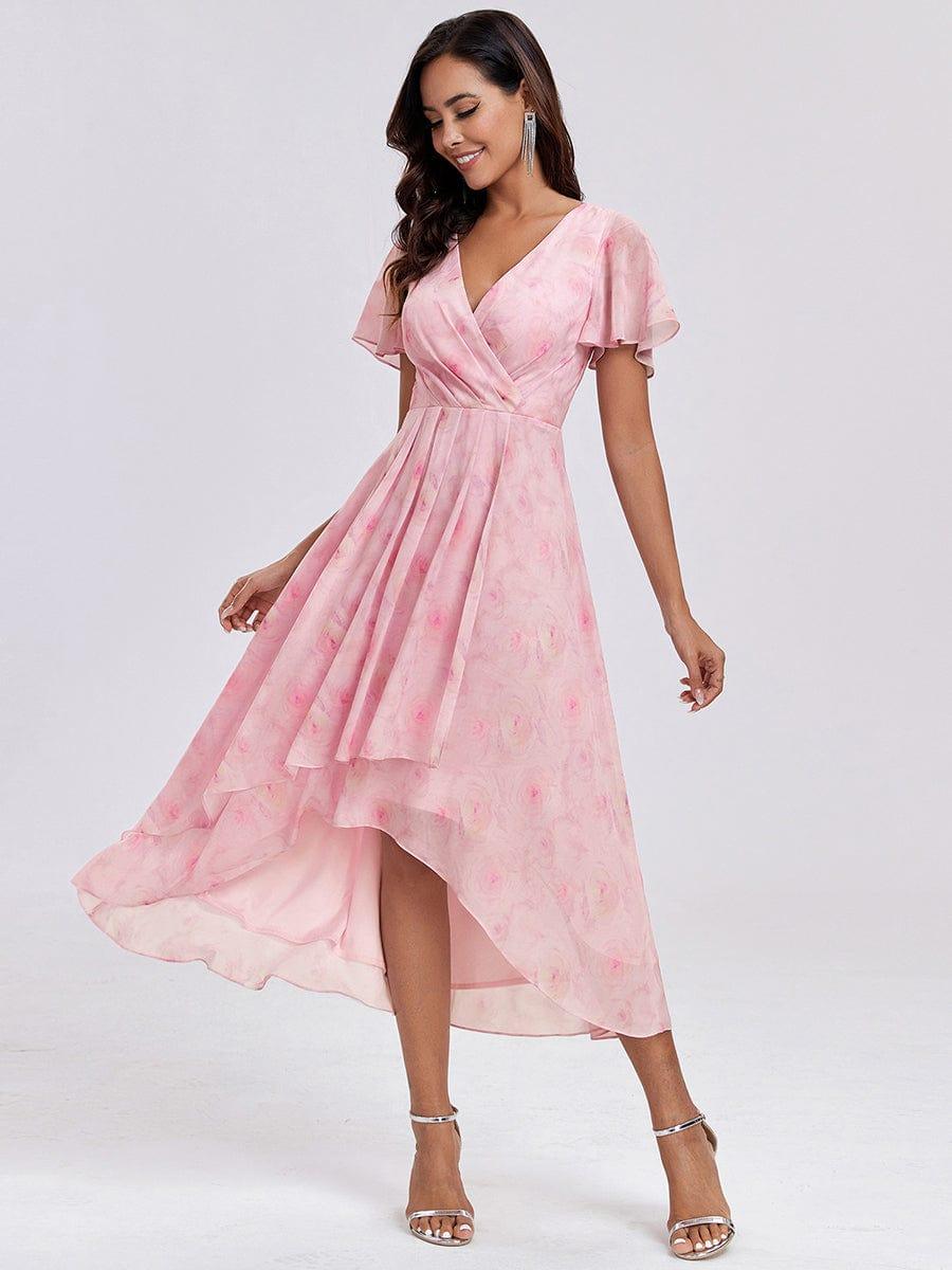 Ruffles Sleeve Pleated V-Neck A-Line Midi Chiffon Wedding Guest Dress #color_Light Purple Roses