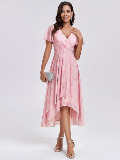 Ruffles Sleeve Pleated V-Neck A-Line Midi Chiffon Wedding Guest Dress #color_Light Purple Roses