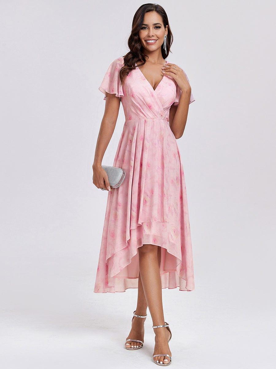 Ruffles Sleeve Pleated V-Neck A-Line Midi Chiffon Wedding Guest Dress #color_Light Purple Roses