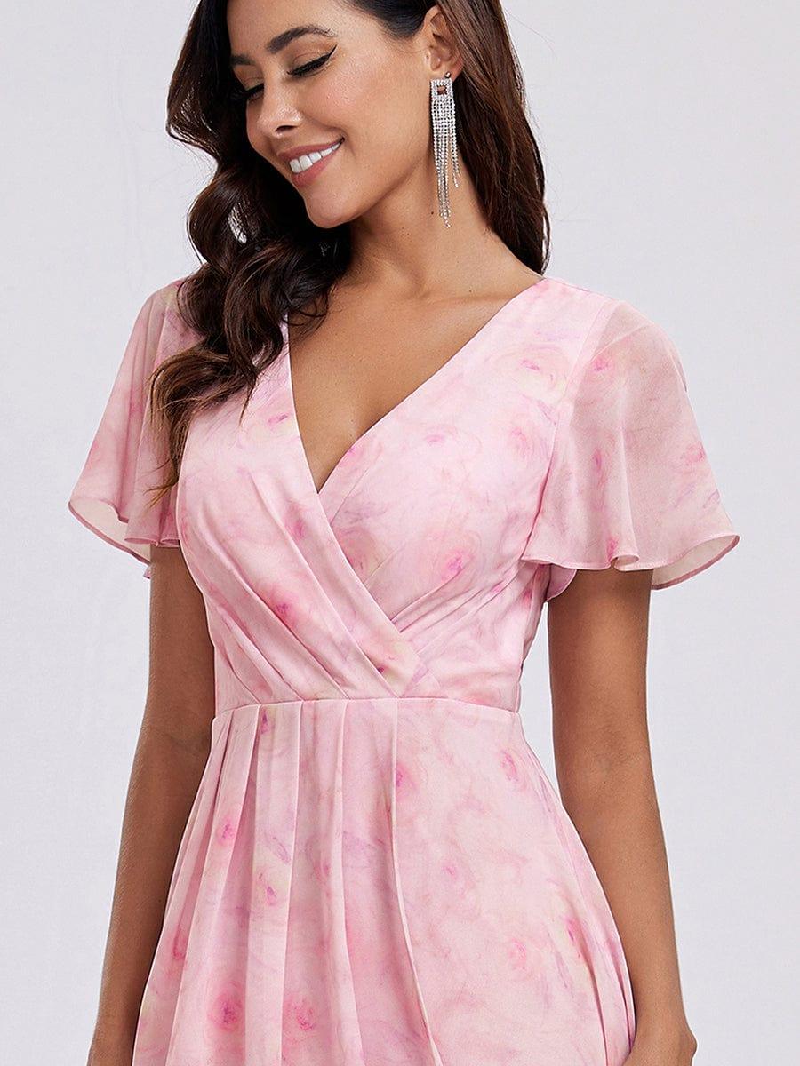Ruffles Sleeve Pleated V-Neck A-Line Midi Chiffon Wedding Guest Dress #color_Light Purple Roses