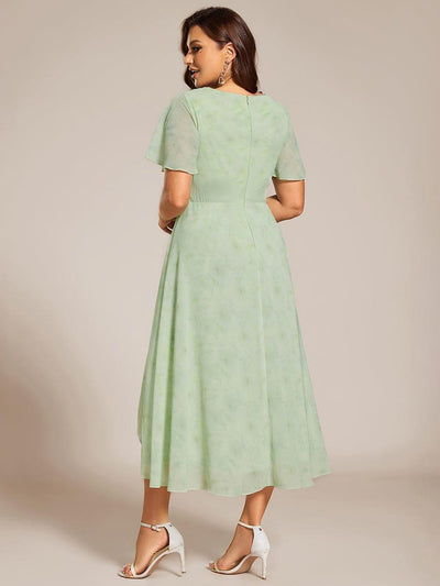 Plus Size Chiffon Short Sleeves Pleated V-Neck A-Line Midi Wedding Guest Dress  #color_Light Green Roses