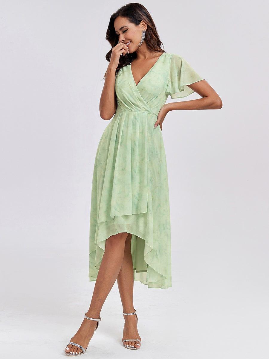 Ruffles Sleeve Pleated V-Neck A-Line Midi Chiffon Wedding Guest Dress #color_Light Green Roses